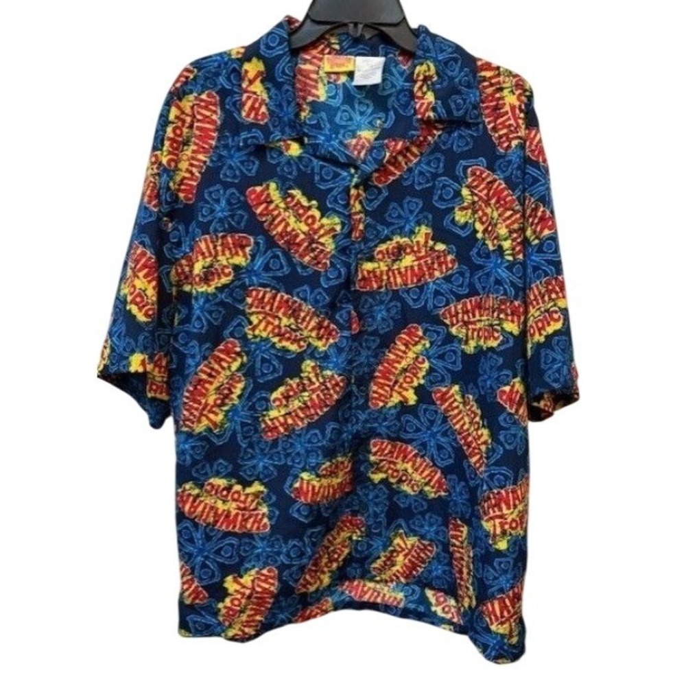 Hawaiian Tropic‎ Shirt Mens XXL Blue Floral Logo All Over Print Button Down Camp